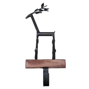 Reindeer Christmas Stocking Holder Hanger Hook Metal Wood Base Rustic 11 inch
